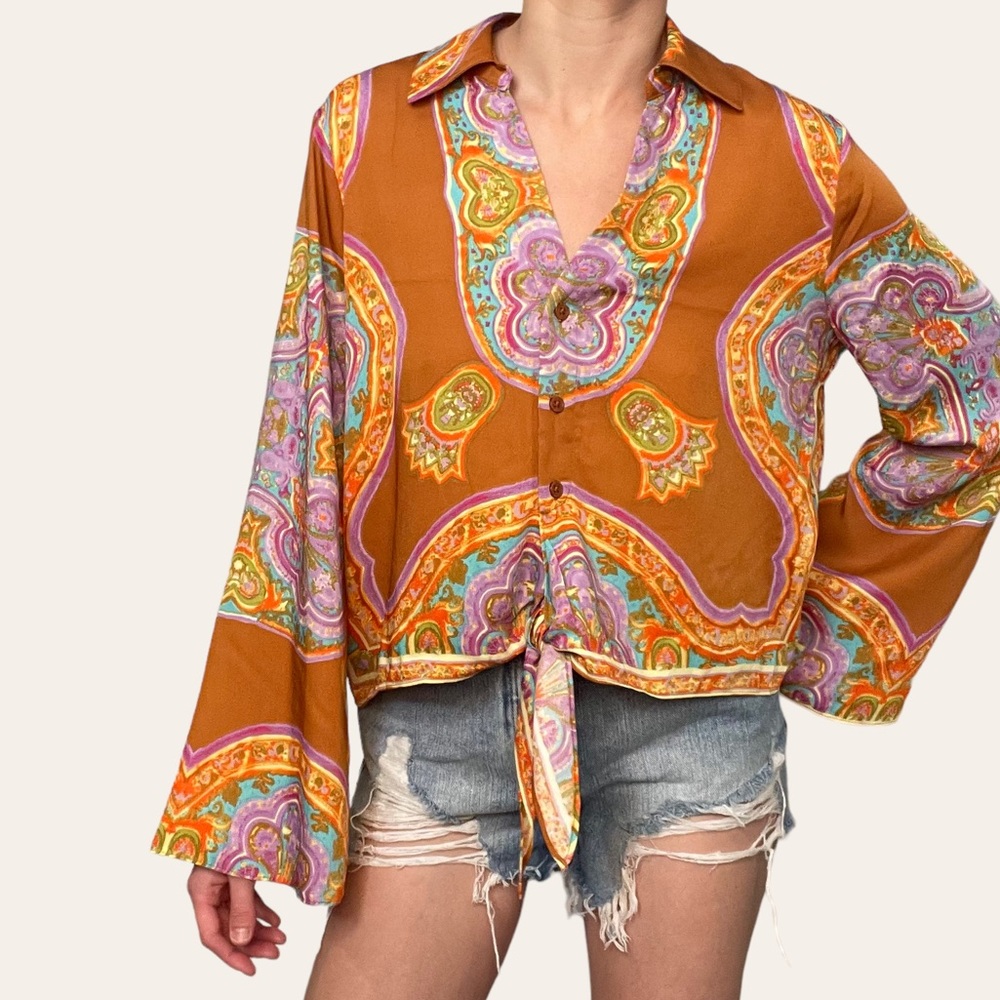 Rachel Zoe Burnt Orange & Purple Printed Front Tie Button Up ✨